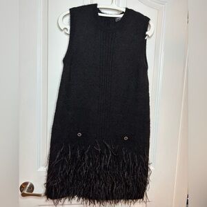 EUC CHANEL Black Cotyon and silk Sleeveless Dress with black stones Feathera 40